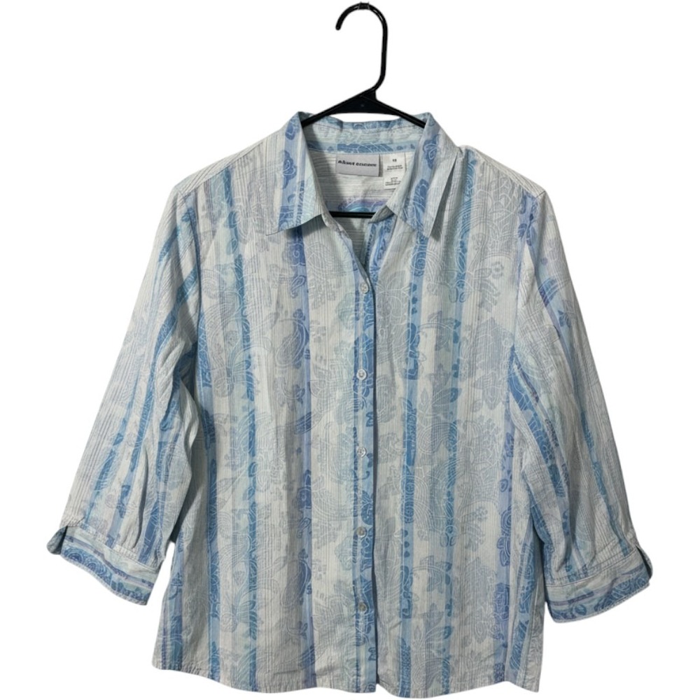 Alfred Dunner Womens Blue White Striped Floral Paisley Cotton Button Up Top 14